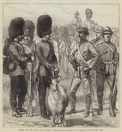Officieren en Mannen van de 23e Fuseliers in hun Gewone Uniform en zoals uitgerust voor de Goudkust door Sir John Charles Robinson